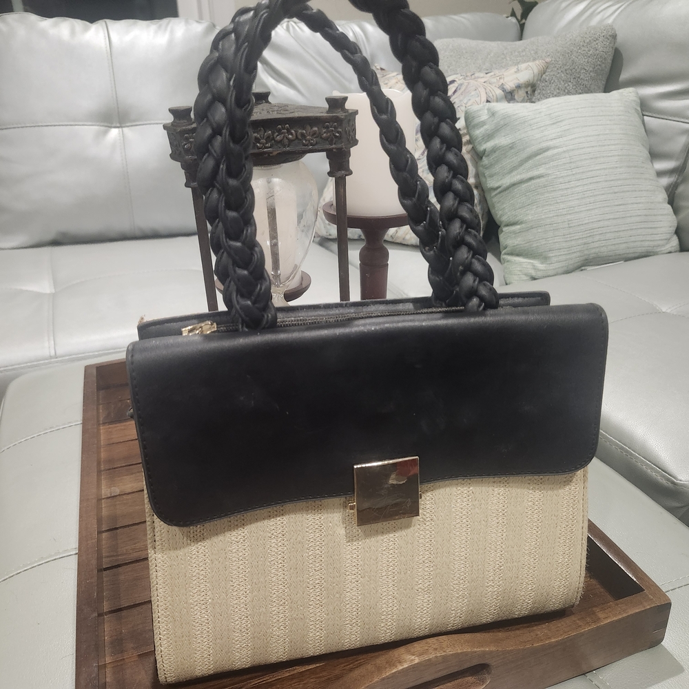 JustFab Black and Tan Satchel with Braided Handles